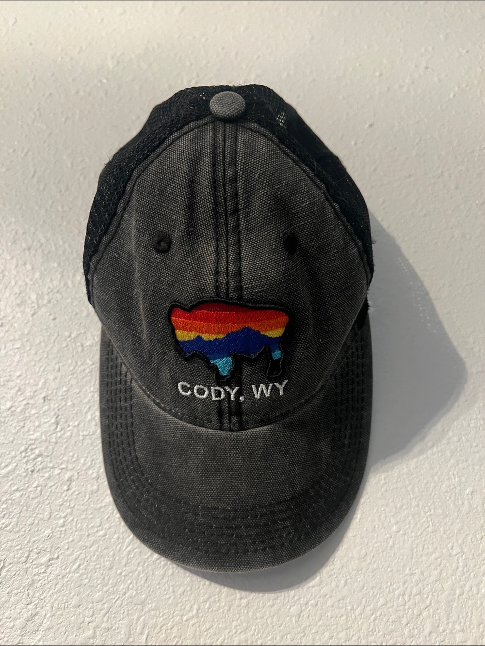 Kids Cody, WY Black Trucker Hat with Rainbow Buffalo Patch